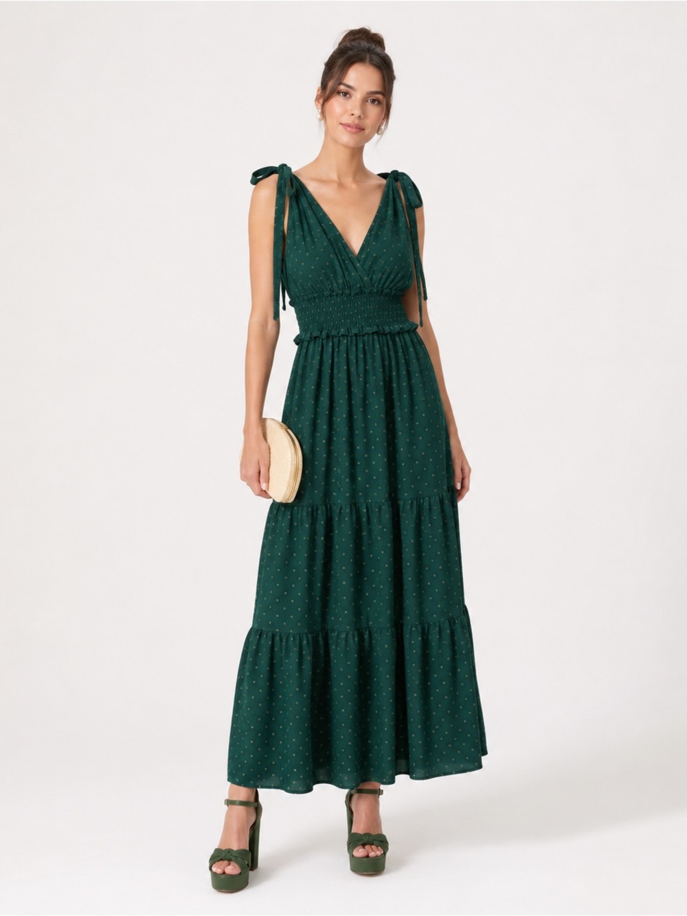 Women’s Green Tie-Shoulder Tiered Maxi Dress Small